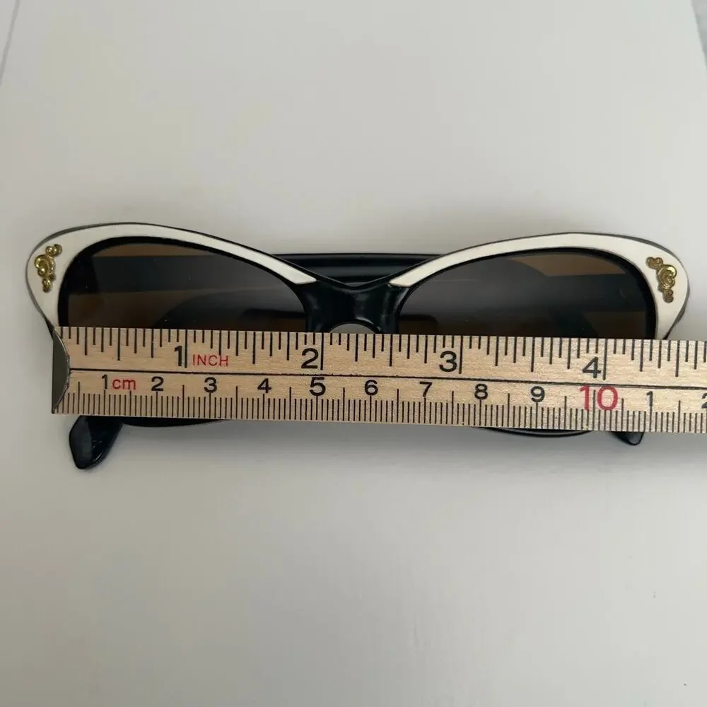 VINTAGE 1950's-60's SUNGLASSES | White, Black & Gold Accent Cat-Eye | Small
